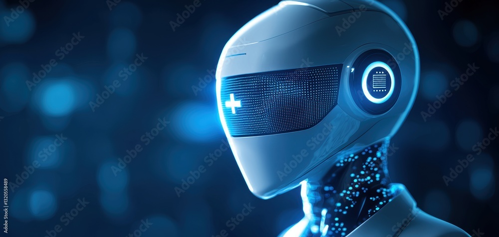 Aufkleber a futuristic robot head with a glowing blue interface, showcasing advanced technology and artificial
