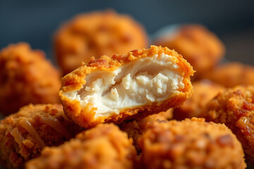 Juicy chicken nugget stock-image, featuring a crispy golden exterior with a tender, flavorful interior, offering the perfect balance of crunch and juiciness, making it an irresistible