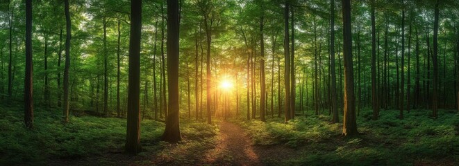 Obraz premium Misty forest path where morning light blends with fading sunset hues through green and golden foliage