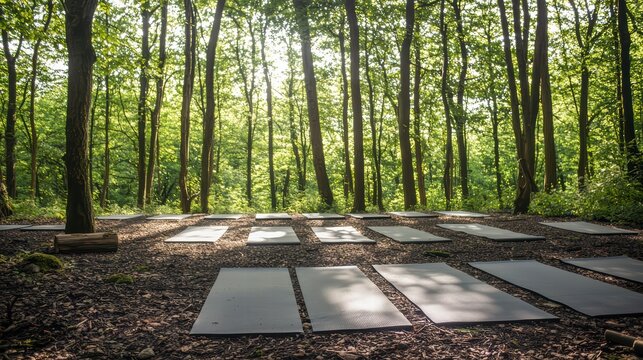 Forest Yoga Retreat: An inviting yoga retreat set deep within a verdant forest, offering a serene space for mindfulness and rejuvenation amidst nature's calming embrace. 
