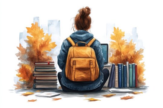 A student learning about online safety with a laptop and educational materials. Generative AI