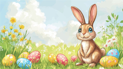 Fototapeta premium Vector illustration, of cartoon Bunny with Easter eggs on flowering meadow
