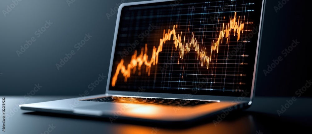 Poster a laptop displays a rising graph on a dark background, symbolizing growth and progress in data analy
