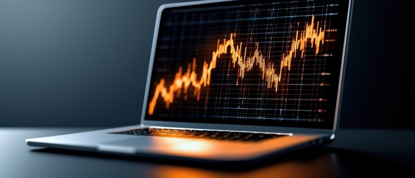 A laptop displays a rising graph on a dark background, symbolizing growth and progress in data analytics or financial markets.