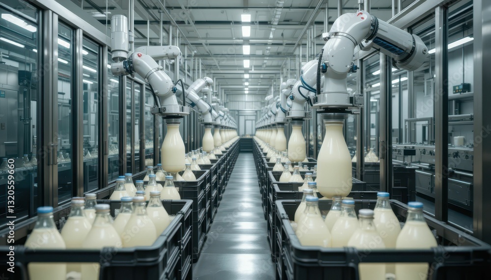 Poster automated dairy production line with bottling process and robotics