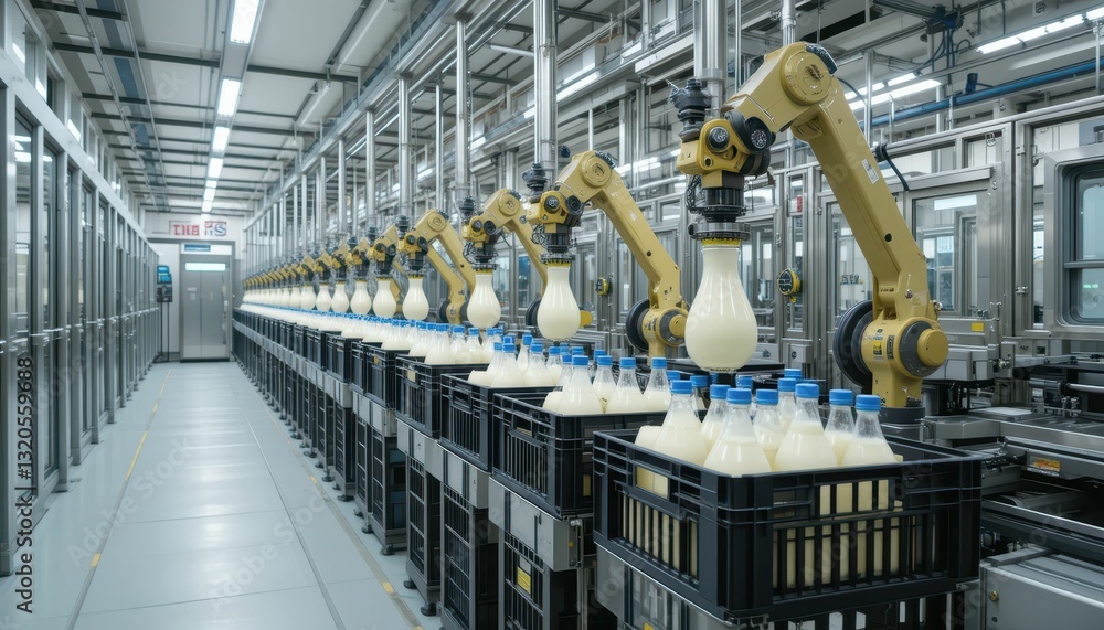 Poster automated milk bottling process with robotic arms in factory setting