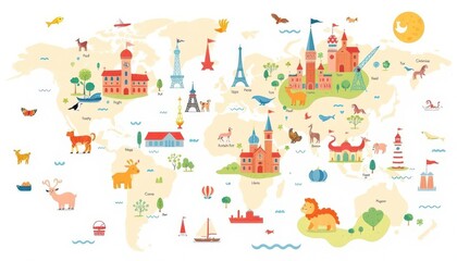 Fototapeta premium Whimsical map illustration featuring cute animals & iconic landmarks, playful style, monkey, tree