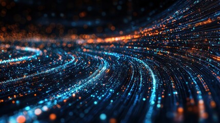 Dark blue and orange abstract background visualizing data pipelines flowing smoothly in a modern digital environment