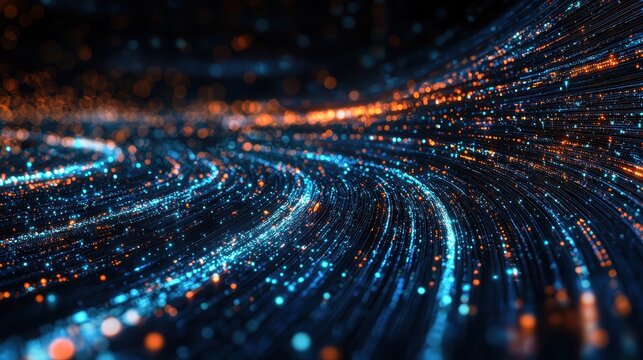 Dark blue and orange abstract background visualizing data pipelines flowing smoothly in a modern digital environment