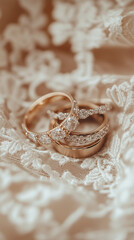 Obraz premium A couple's matching rings, placed on a lace fabric background, Valentine's decor