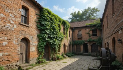 Fototapeta premium Charming Historic Courtyard Surrounded by Lush Greenery and Brick
