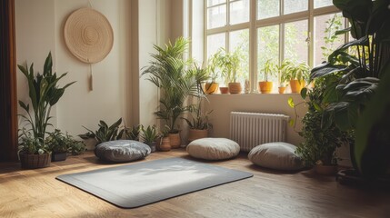 Serene Yoga Studio: A tranquil yoga studio bathed in natural light, featuring a variety of potted plants, comfortable floor cushions, and a peaceful atmosphere.