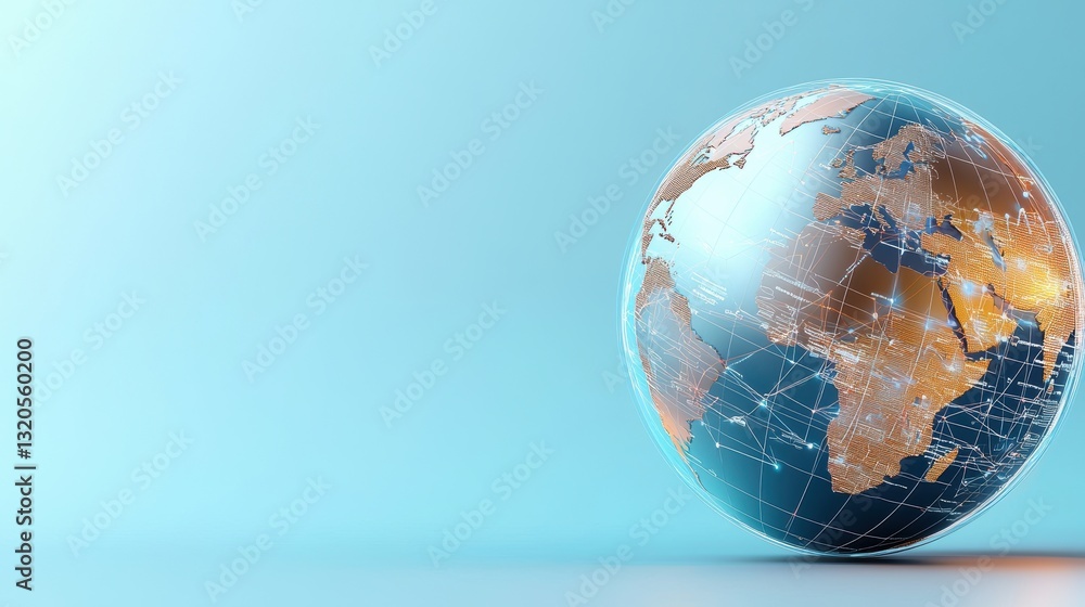 Poster a 3d globe representation highlighting continents with intricate network patterns against a soft blu