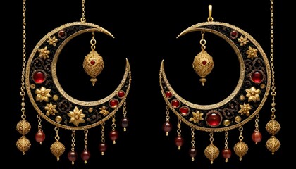 Hanging Crescent Moon Ornaments Golden Decorative Charms on Black Background