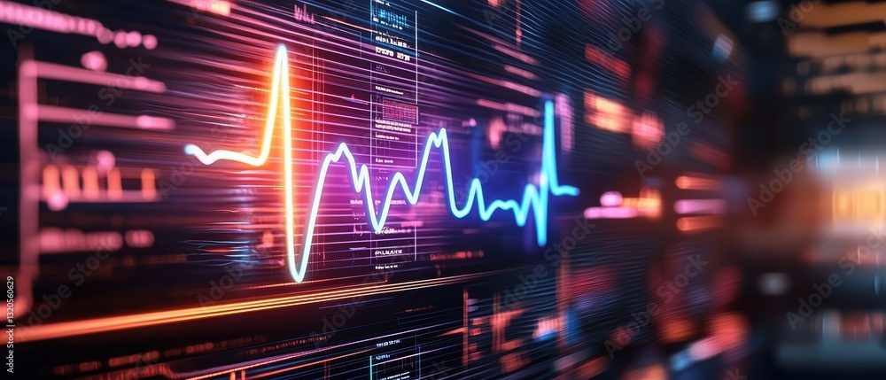 Poster a vibrant digital waveform displays various frequencies and amplitudes in blue, orange, and red agai