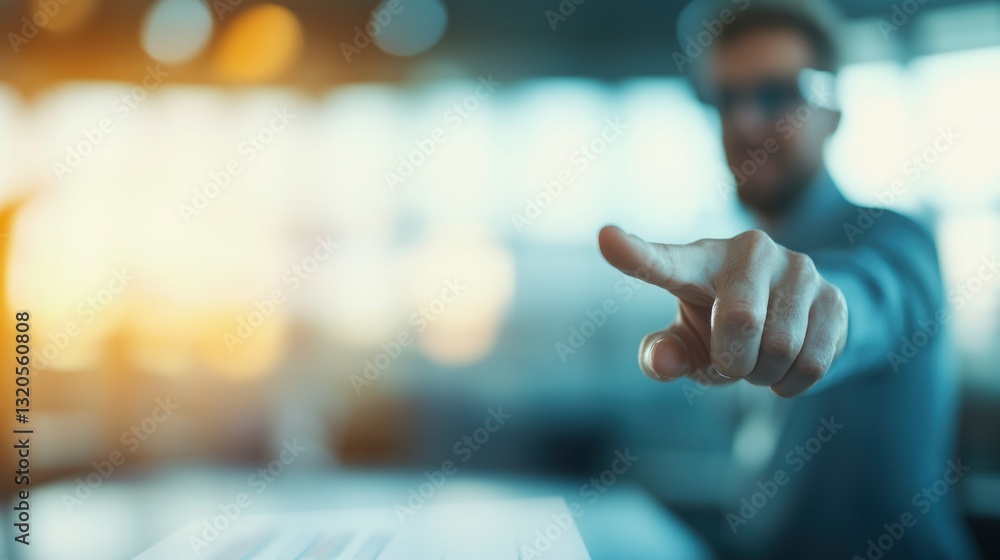 Poster a person points with determination, emphasizing a key point in a bright, modern workspace filled wit