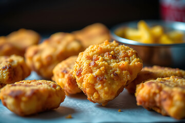 Juicy chicken nugget stock-image, featuring a crispy golden exterior with a tender, flavorful interior, offering the perfect balance of crunch and juiciness, making