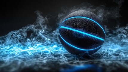 A futuristic basketball surrounded by blue glowing vapor effects