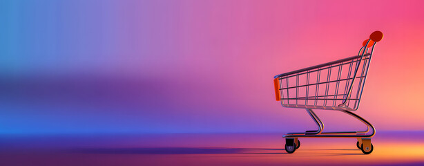 Metallic Shopping Cart with Blue Handles on Vibrant Purple Background - Retail and E-Commerce Concept. shopping cart on a red background