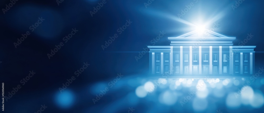 Poster a luminous architectural structure shines against a soft blue background, creating an ethereal and m