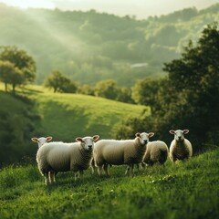 Fototapeta premium Group of sheep on green field