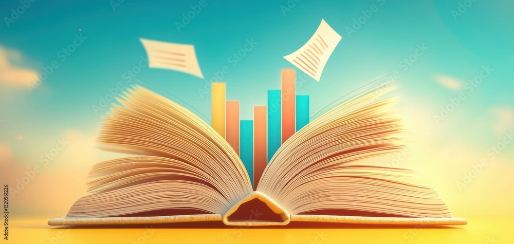 Poster an open book with pages fluttering, accompanied by colorful rising graphs, symbolizing growth and kn