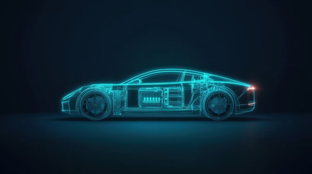 Futuristic Electric Car Wireframe Visualization with Battery Technology and Neon Glow Effect Against Dark Background - Powered by Adobe