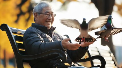 Retired senior resting on wooden bench, scattering breadcrumbs for pigeons, enjoying warm autumn sunlight and tranquil outdoor moment