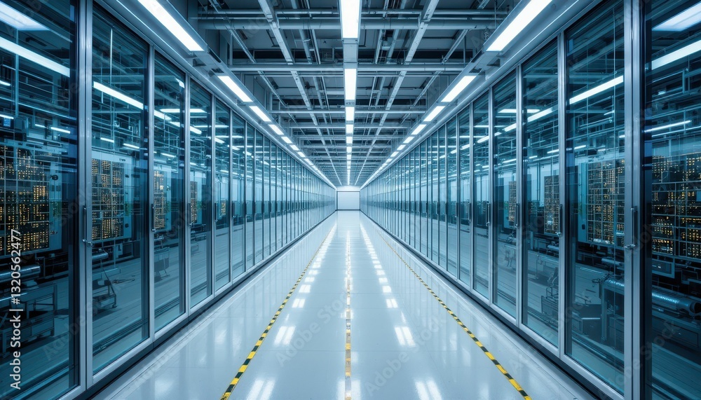 Poster modern data center interior with rows of server racks and lighting