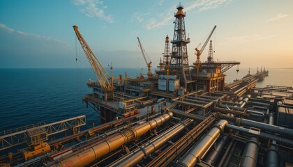 Fototapeta premium Industrial Oil Rig in Ocean at Sunset with Machinery and Cranes