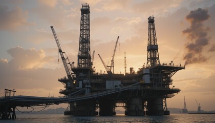 Obraz premium Oil Rig Silhouette at Sunset with Dramatic Cloudy Sky Background
