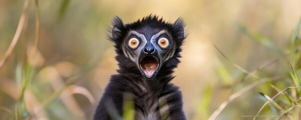 Fototapeta premium A startled lemur with wide eyes and open mouth shows surprise