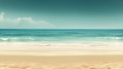 Fototapeta premium Serene Seaside Panorama: A tranquil expanse of golden sand meets the gentle embrace of the turquoise sea under a calm, clear sky, inviting the viewer to immerse themselves in the blissful ambiance.