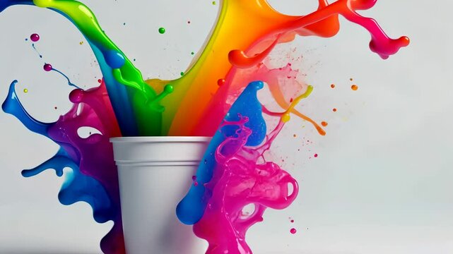 Cup of paint is splashed with a rainbow of colors. The cup is white and the paint is bright and vivid. Concept of creativity and playfulness