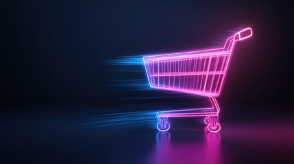Neon Shopping Cart Illustration with Motion Effects and Vibrant Colors for Digital Marketing or E-commerce Design