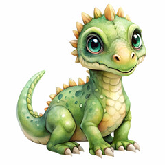 Fototapeta premium A baby Iguanodon Dragon: A charming illustration of a cute baby dragon, with large expressive eyes, vibrant scales, and a playful demeanor, is the star of this whimsical artwork. 