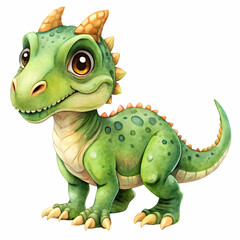 Fototapeta premium A baby Ceratosaurus Dinosaur: An adorable green dragon with big, expressive eyes and friendly demeanor stands, evoking a sense of playful imagination and wonder. 