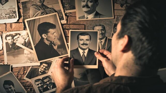 Person betrachtet eine Sammlung alter Familienfotos