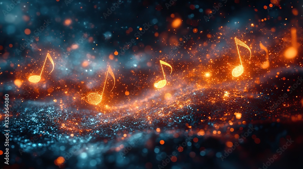 Wall mural beams of light with musical notes flow and merge, song in digital environment.