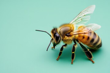 A detailed close up image showcasing a honeybee in detail