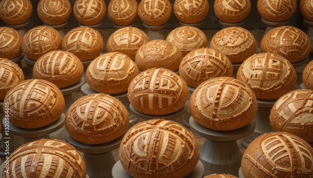 Poster Artfully Crafted Round Breads with Intricate Patterns on Display