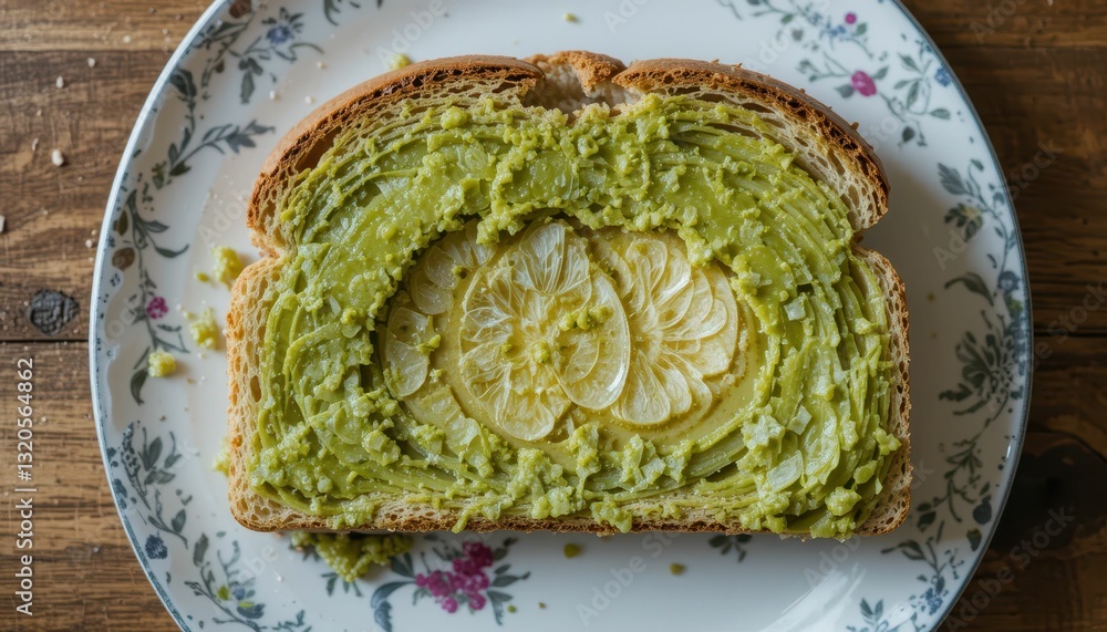 Poster avocado toast with lemon slices on rustic wooden table