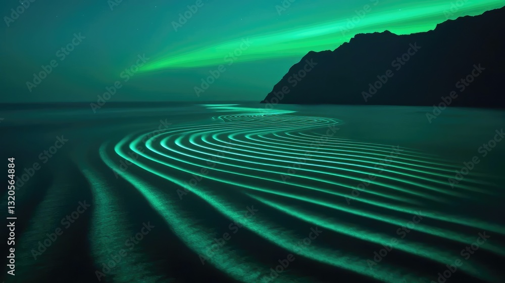 Poster dramatic nighttime abstract background idea. serene ocean waves illuminated by green light at dusk, 
