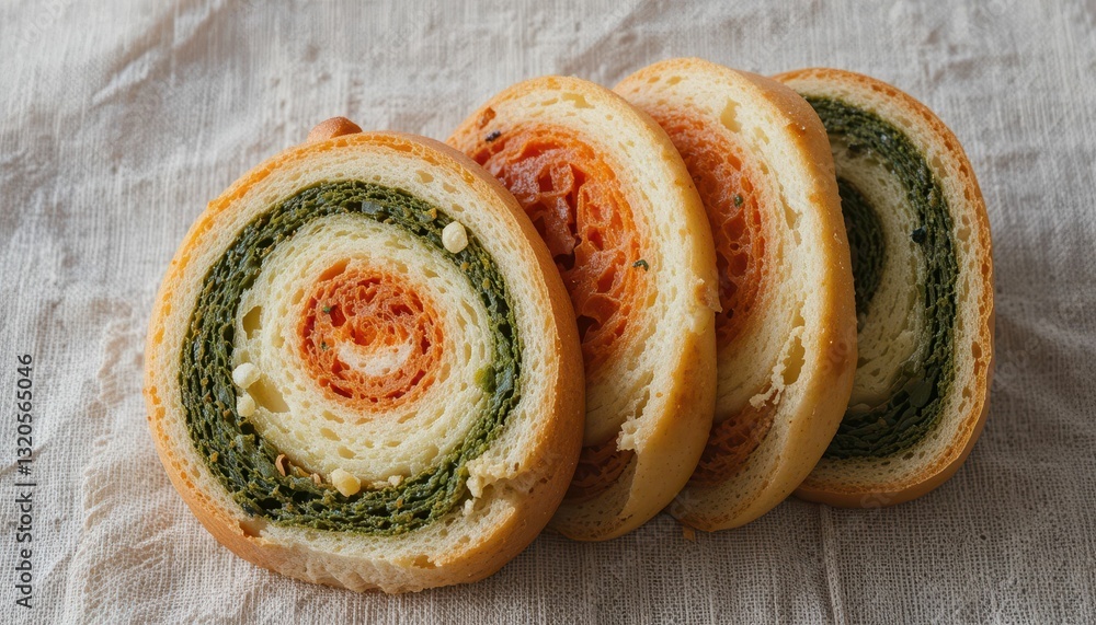 Poster colorful sliced bread rolls with unique spiral patterns and fillings