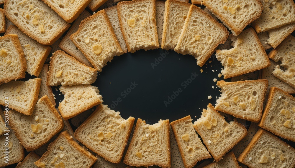 Poster slices of bread forming a circle with empty center on dark surface