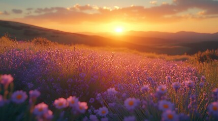Fototapeta premium Beautiful lavender flowers bloom on a hillside in the warm sunset glow, creating a picturesque landscape of color and tranquility.