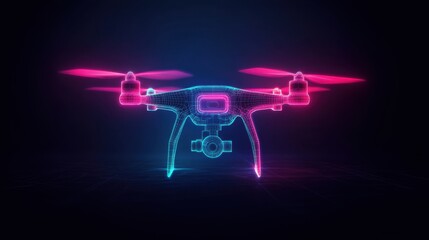 Futuristic drone design in neon colors showcasing technological innovation and advancements in aerial photography and videography in a dark environment