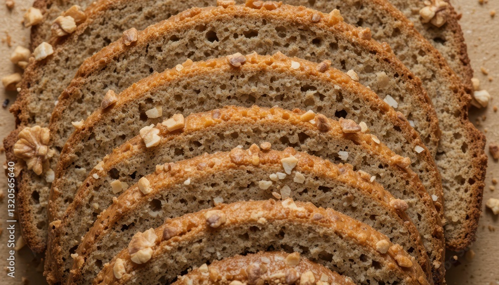 Poster freshly sliced bread with nuts laying on a rustic background
