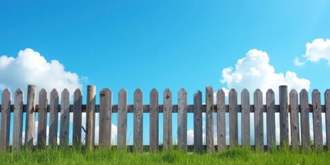 Obraz premium Rustic wooden fence against a vibrant summer sky, showcasing a tranquil pastoral scene with fluffy white clouds and lush green grass