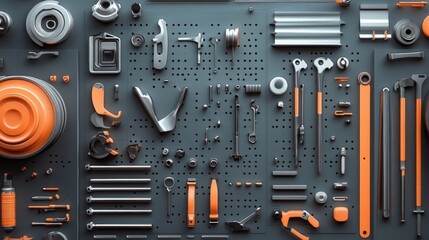 Fototapeta premium Organized Set of Various Tools and Parts on Pegboard DIY, Repair, Engineering Concept.